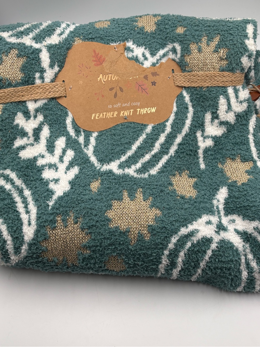Autumn Joy Feather Knit Throw Blanket 50x70 Teal White Pumpkin Leaf Fall Decor